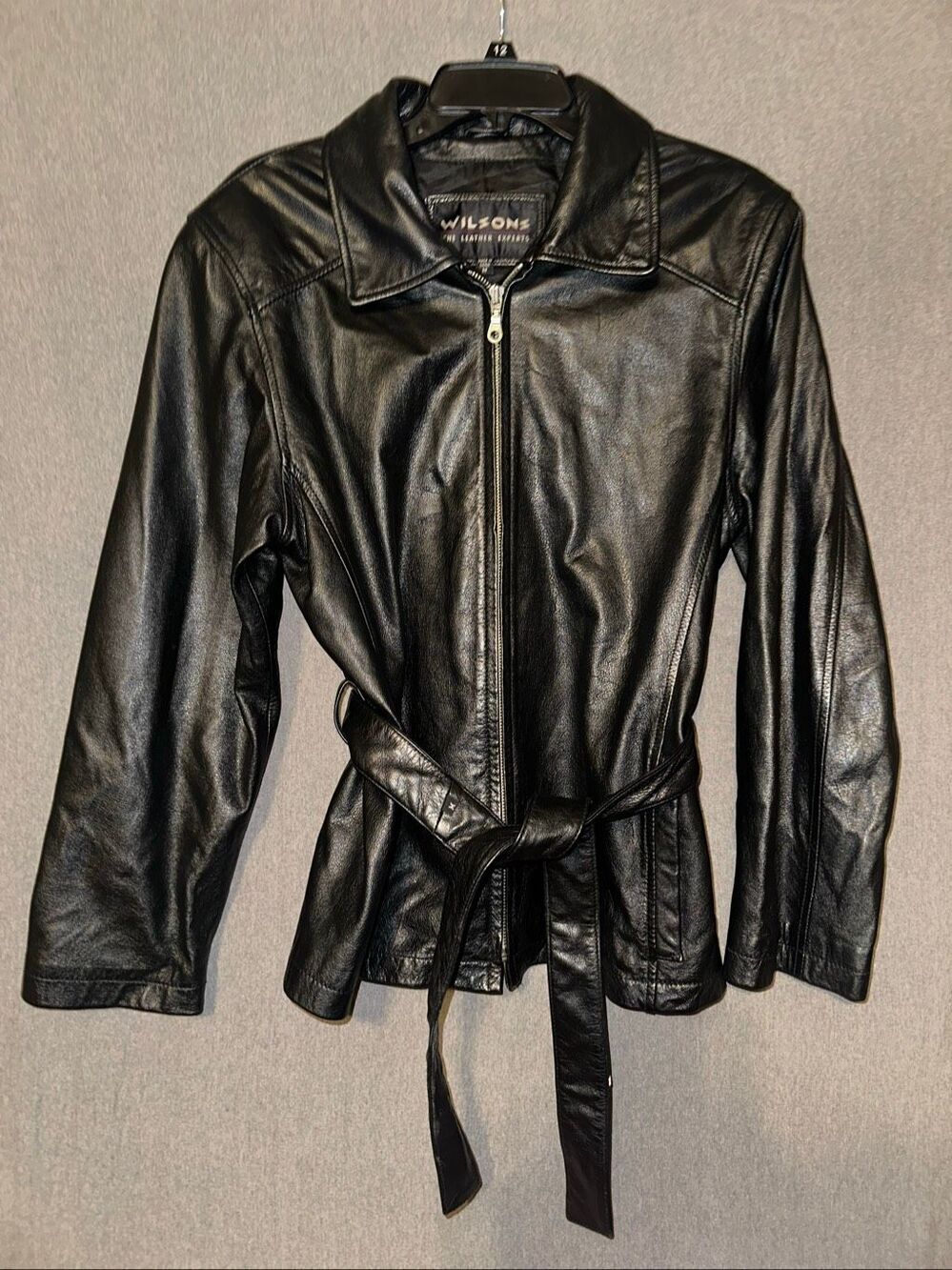 Wilsons leather jacket womens medium black w/ tie Belt vintage